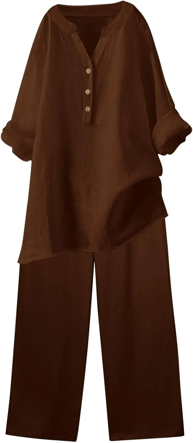Linen Set For Women 2 Piece Summer Outfits Plus Size Long Sleeve Graphic Button Tees Capri Pants Lounge Matching Sets