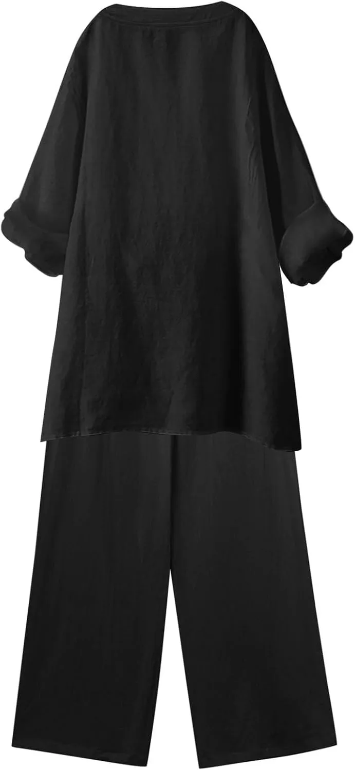 Linen Set For Women 2 Piece Summer Outfits Plus Size Long Sleeve Graphic Button Tees Capri Pants Lounge Matching Sets