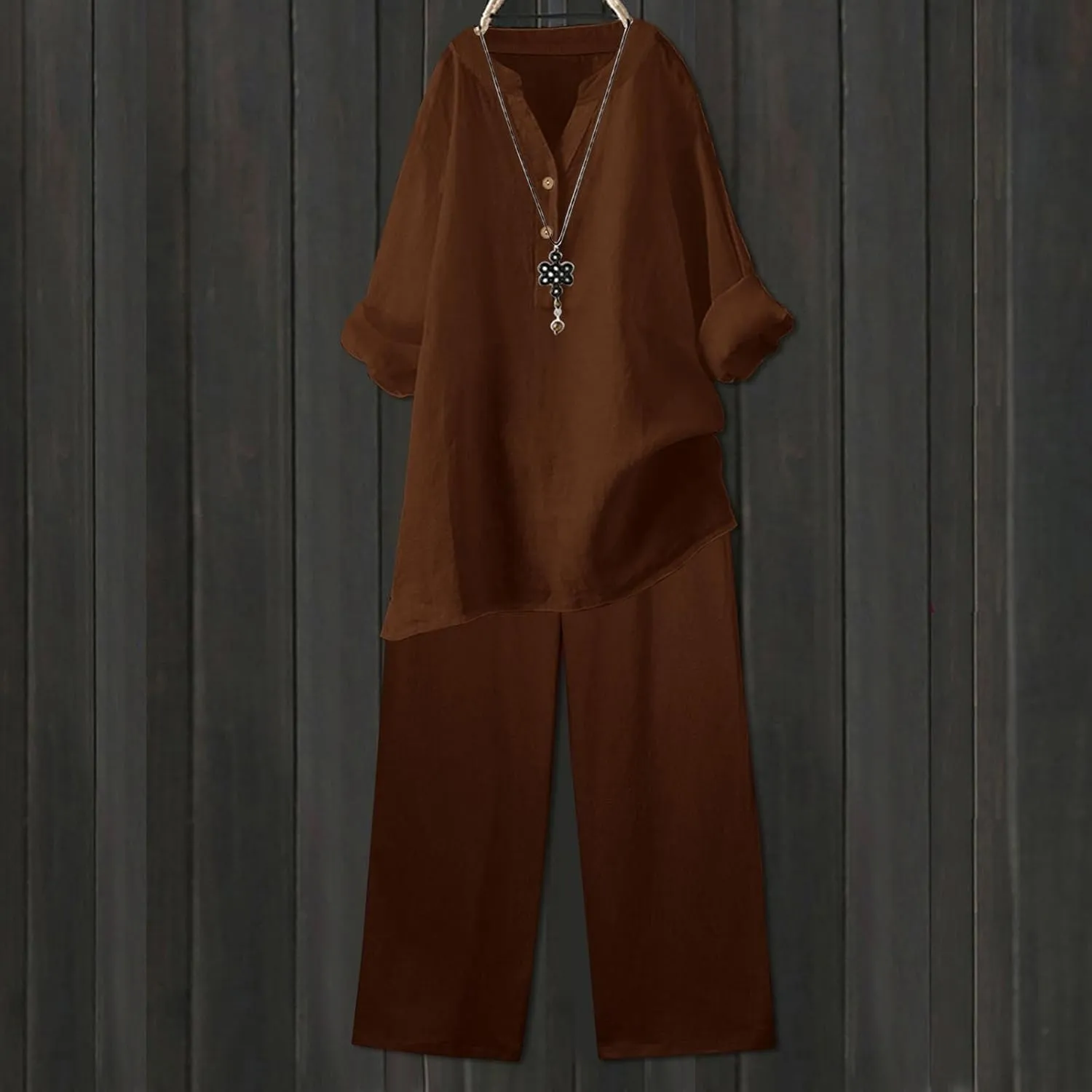Linen Set For Women 2 Piece Summer Outfits Plus Size Long Sleeve Graphic Button Tees Capri Pants Lounge Matching Sets