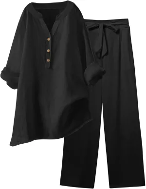 Linen Set For Women 2 Piece Summer Outfits Plus Size Long Sleeve Graphic Button Tees Capri Pants Lounge Matching Sets