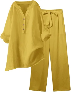 Linen Set For Women 2 Piece Summer Outfits Plus Size Long Sleeve Graphic Button Tees Capri Pants Lounge Matching Sets