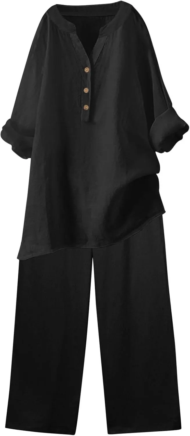 Linen Set For Women 2 Piece Summer Outfits Plus Size Long Sleeve Graphic Button Tees Capri Pants Lounge Matching Sets