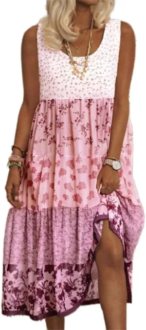 LOAIHA Womens Floral Sun Dresses Summer Casual Loose Sleeveless Midi Dress Flowy Beach Boho Sundress Plus Size