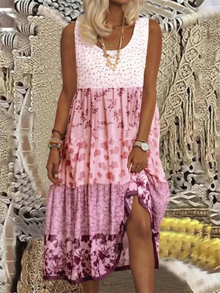 LOAIHA Womens Floral Sun Dresses Summer Casual Loose Sleeveless Midi Dress Flowy Beach Boho Sundress Plus Size