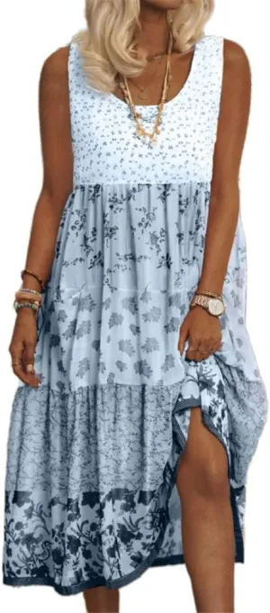 LOAIHA Womens Floral Sun Dresses Summer Casual Loose Sleeveless Midi Dress Flowy Beach Boho Sundress Plus Size