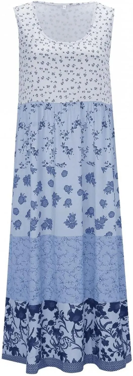 LOAIHA Womens Floral Sun Dresses Summer Casual Loose Sleeveless Midi Dress Flowy Beach Boho Sundress Plus Size