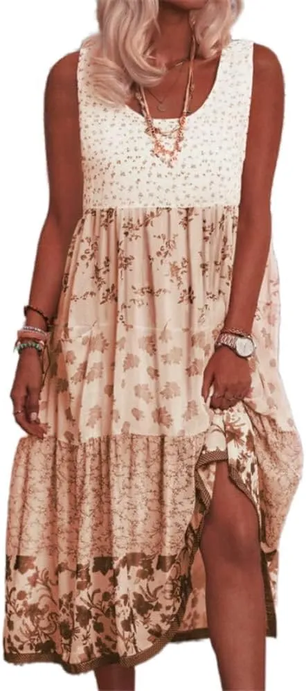 LOAIHA Womens Floral Sun Dresses Summer Casual Loose Sleeveless Midi Dress Flowy Beach Boho Sundress Plus Size