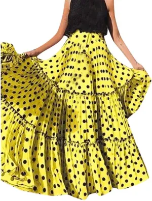 Long Maxi Shirt Women Fashion High Waist Polka Dot Printed Skirt Loose Ruffled Pleated Skirt