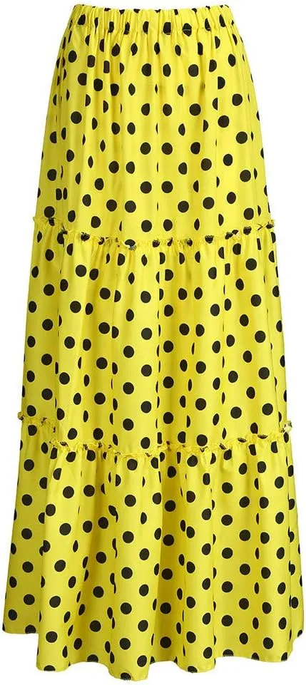 Long Maxi Shirt Women Fashion High Waist Polka Dot Printed Skirt Loose Ruffled Pleated Skirt