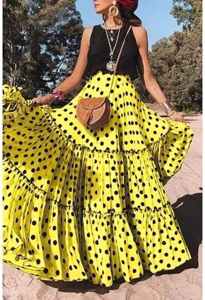 Long Maxi Shirt Women Fashion High Waist Polka Dot Printed Skirt Loose Ruffled Pleated Skirt