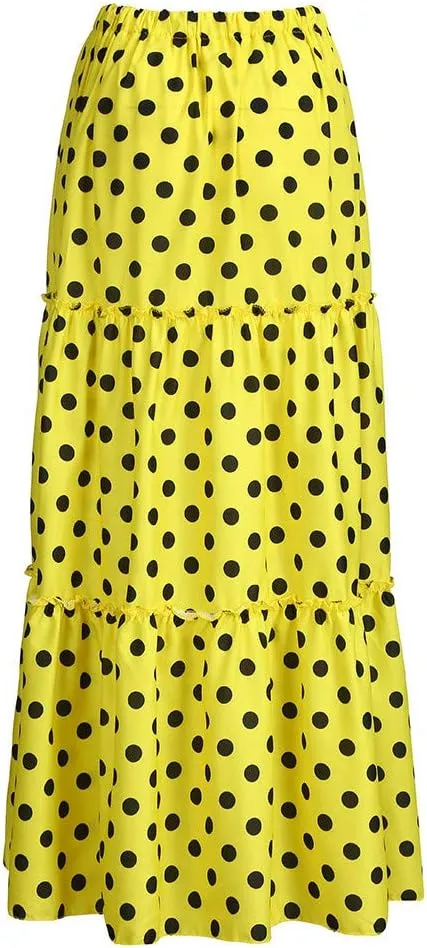 Long Maxi Shirt Women Fashion High Waist Polka Dot Printed Skirt Loose Ruffled Pleated Skirt