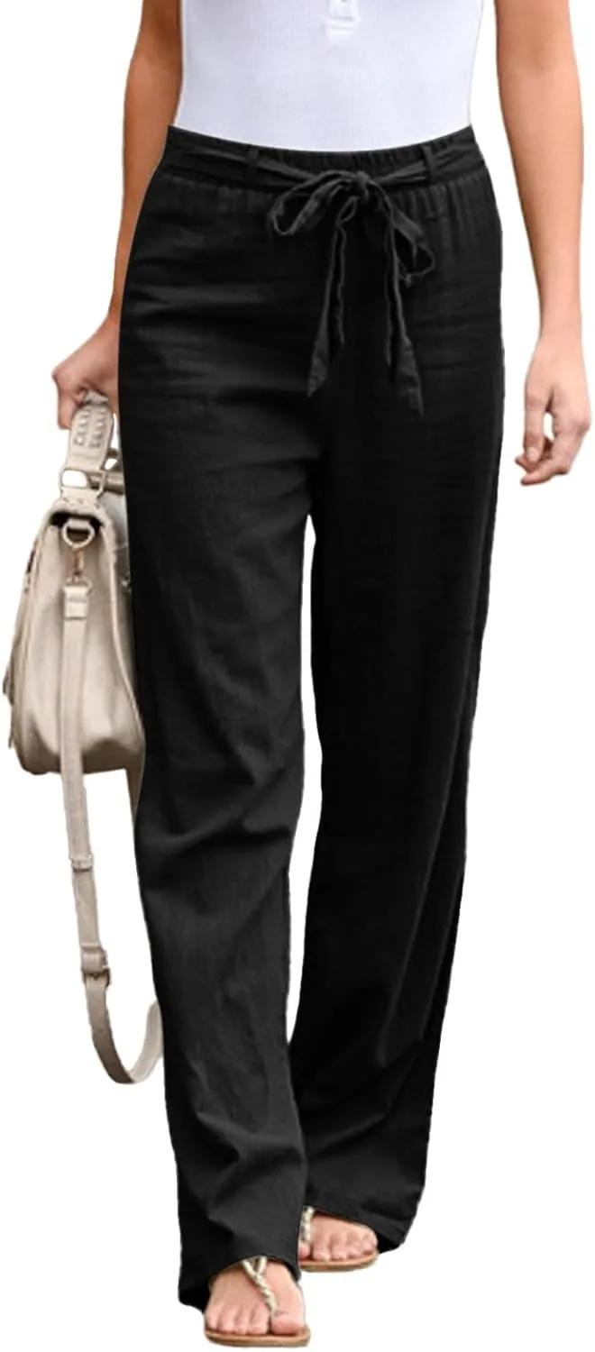 Lounge Pants for Women Comfort Baggy Wide Leg Cotton Linen Pants Summer Casual High Waisted Trousers with Pockets