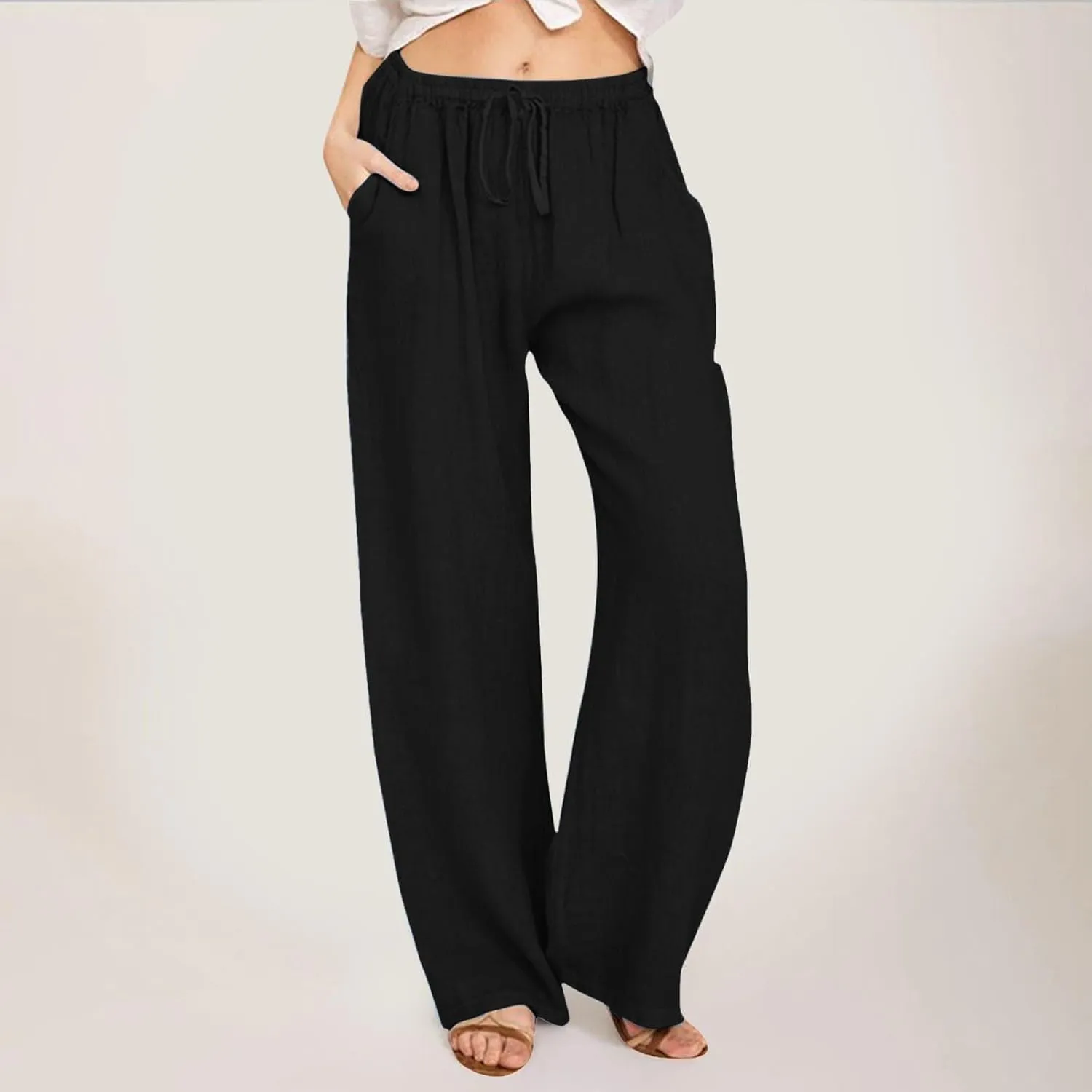 Lounge Pants for Women Comfort Baggy Wide Leg Cotton Linen Pants Summer Casual High Waisted Trousers with Pockets