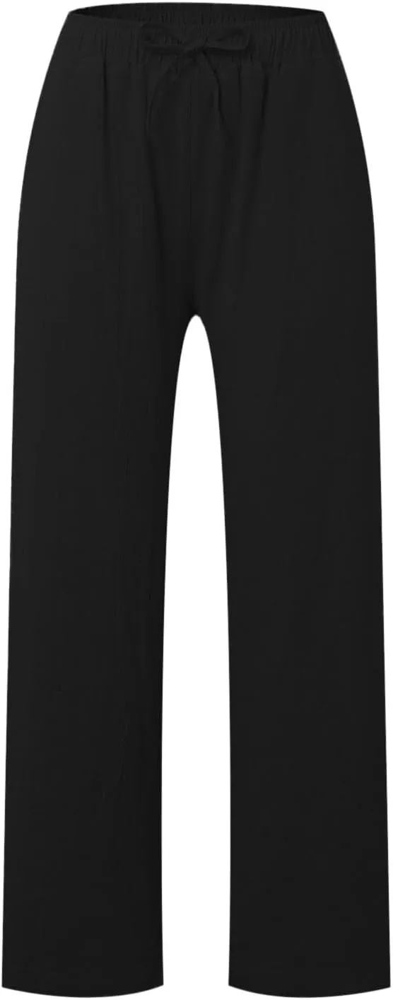 Lounge Pants for Women Comfort Baggy Wide Leg Cotton Linen Pants Summer Casual High Waisted Trousers with Pockets