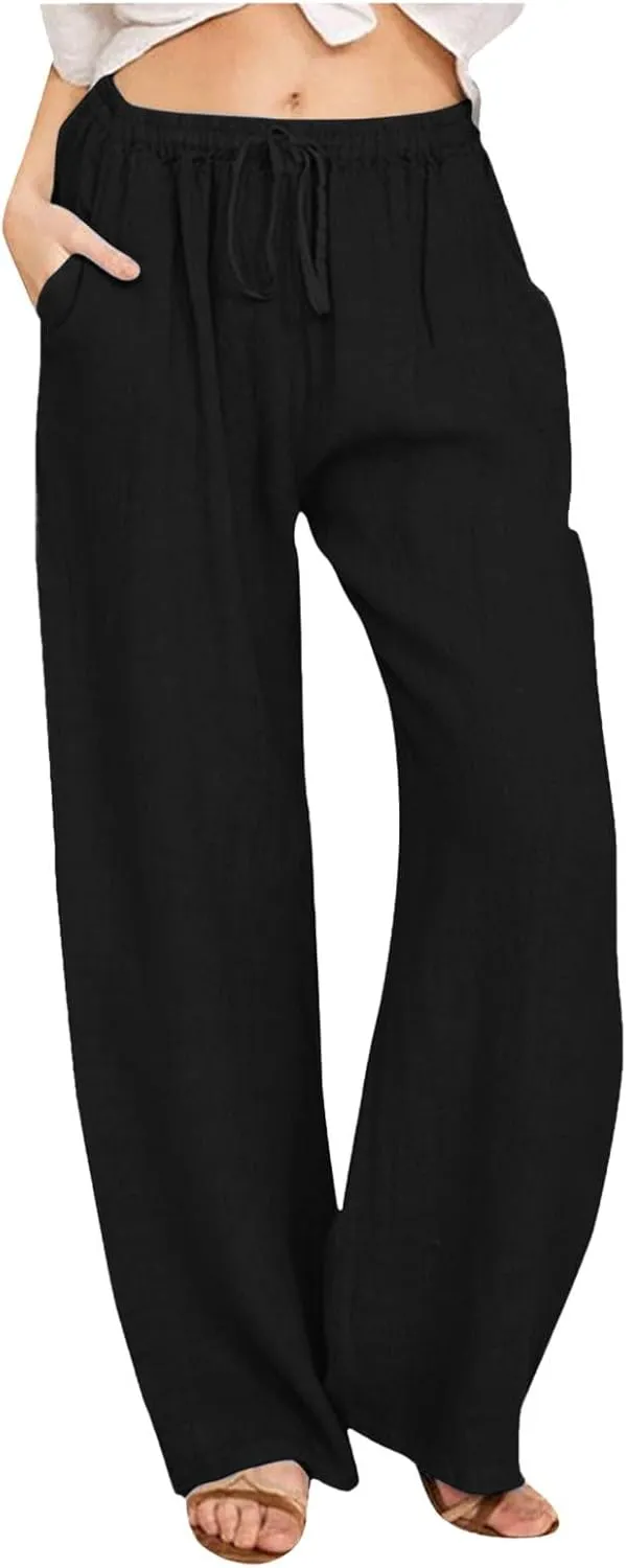 Lounge Pants for Women Comfort Baggy Wide Leg Cotton Linen Pants Summer Casual High Waisted Trousers with Pockets