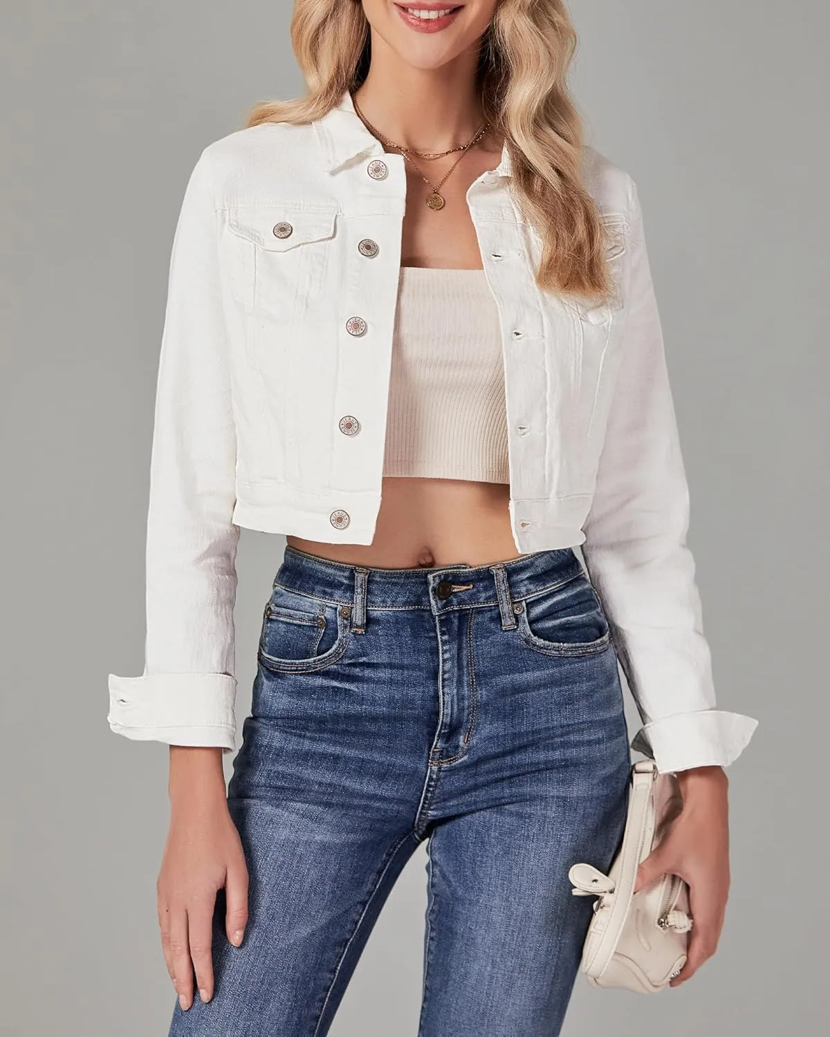 luvamia 2025 Cropped Jean Jackets for Women Fashion Short Denim Shacket Jacket Lightweight Fitted Stretchy with Pockets