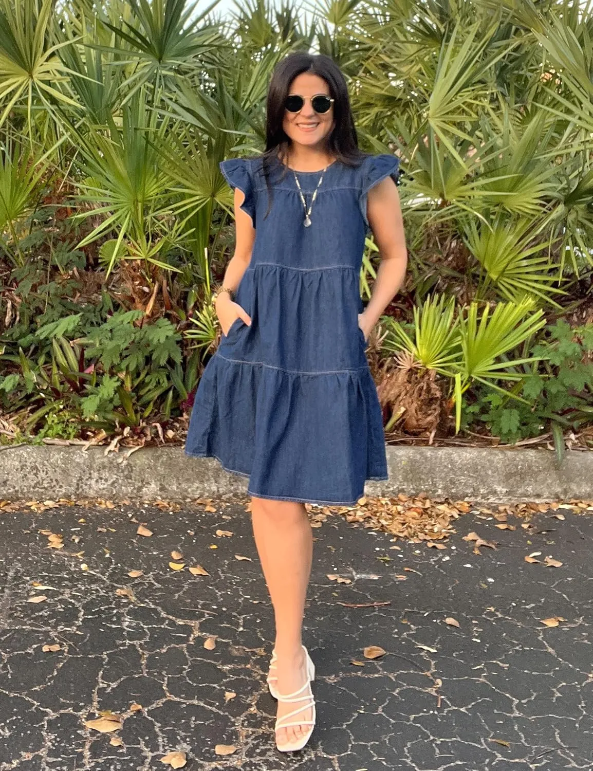 luvamia 2025 Denim Dress for Women Summer Babydoll Sleeveless Ruffle Sleeve Mini Dresses Loose Flowy Swing Pleated Dress