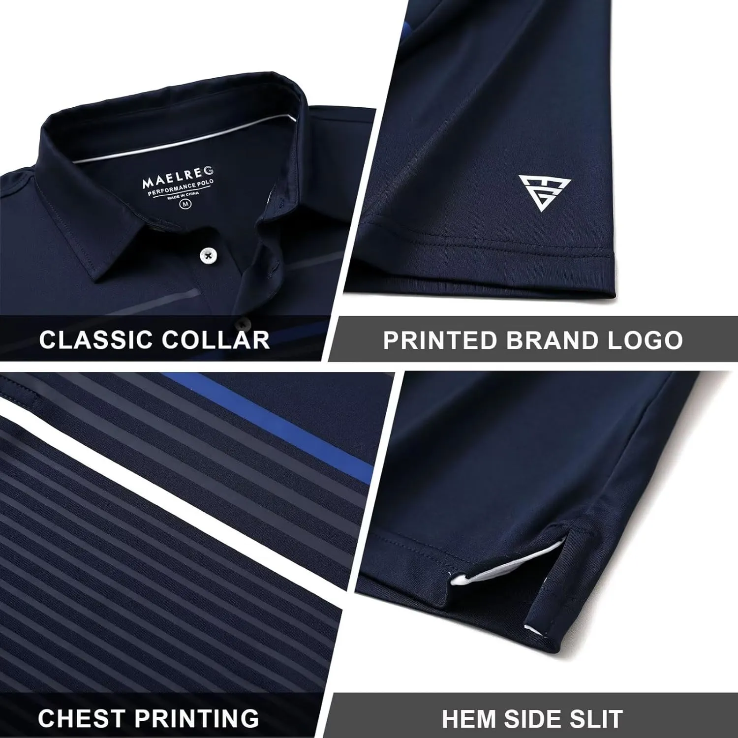 M MAELREG Golf Shirts for Men Short Sleeve Regular Fit Moisture Wicking Performance Casual Striped Print Mens Polo Shirts