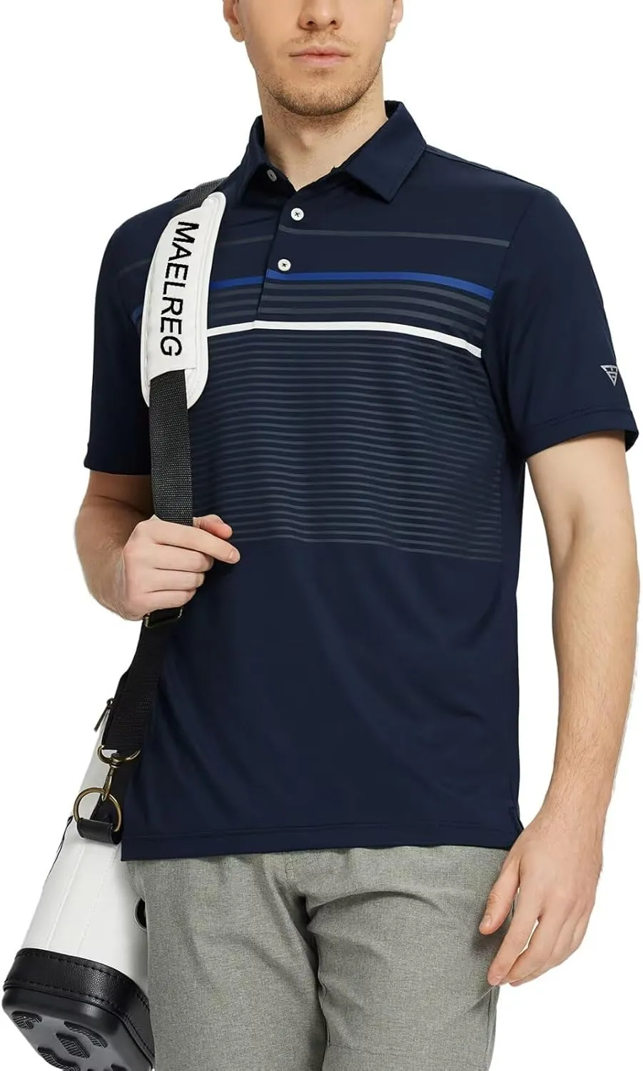 M MAELREG Golf Shirts for Men Short Sleeve Regular Fit Moisture Wicking Performance Casual Striped Print Mens Polo Shirts
