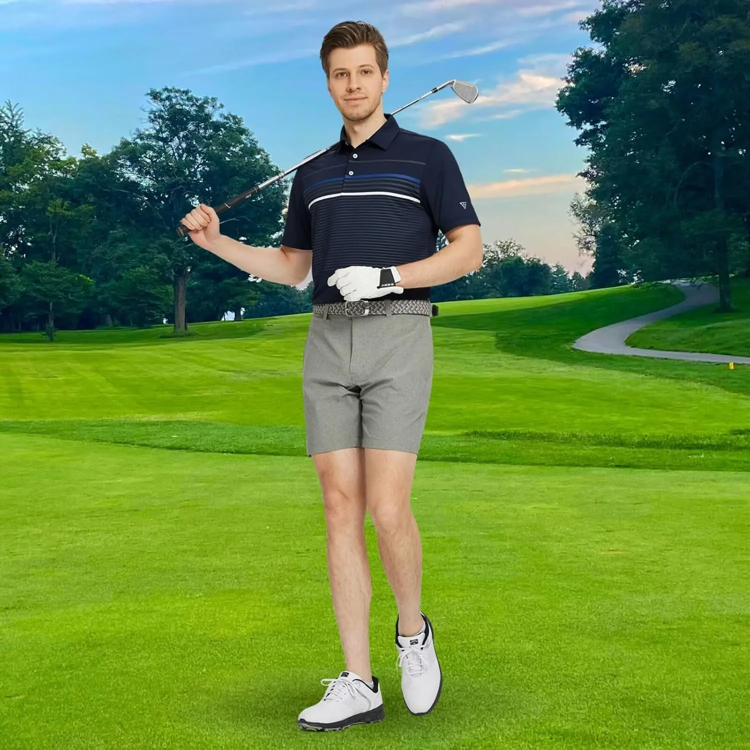 M MAELREG Golf Shirts for Men Short Sleeve Regular Fit Moisture Wicking Performance Casual Striped Print Mens Polo Shirts