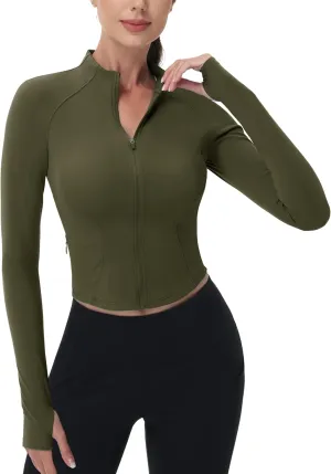 MAGCOMSEN Womens Lightweight Athletic Jacket Cropped Zip Up Workout Jackets Long Sleeve Yoga Tops Slim Fit Running Gym