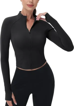 MAGCOMSEN Womens Lightweight Athletic Jacket Cropped Zip Up Workout Jackets Long Sleeve Yoga Tops Slim Fit Running Gym