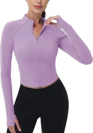 MAGCOMSEN Womens Lightweight Athletic Jacket Cropped Zip Up Workout Jackets Long Sleeve Yoga Tops Slim Fit Running Gym