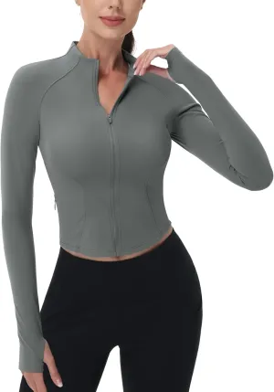 MAGCOMSEN Womens Lightweight Athletic Jacket Cropped Zip Up Workout Jackets Long Sleeve Yoga Tops Slim Fit Running Gym