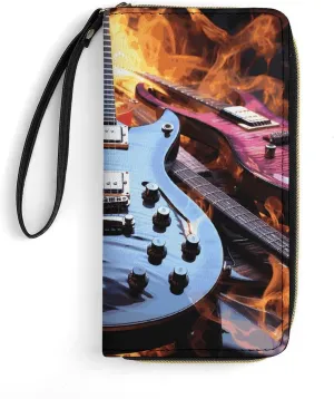 Magic Electric Guitar Music Leather Wallet Smooth Zip Around Clutch Wristlet Travel Long Soft Purse for Women