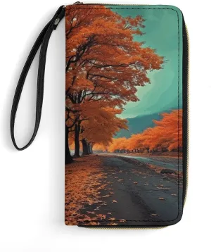 Maple Tree in Autumn Leather Wallet Smooth Zip Around Clutch Wristlet Travel Long Soft Purse for Women