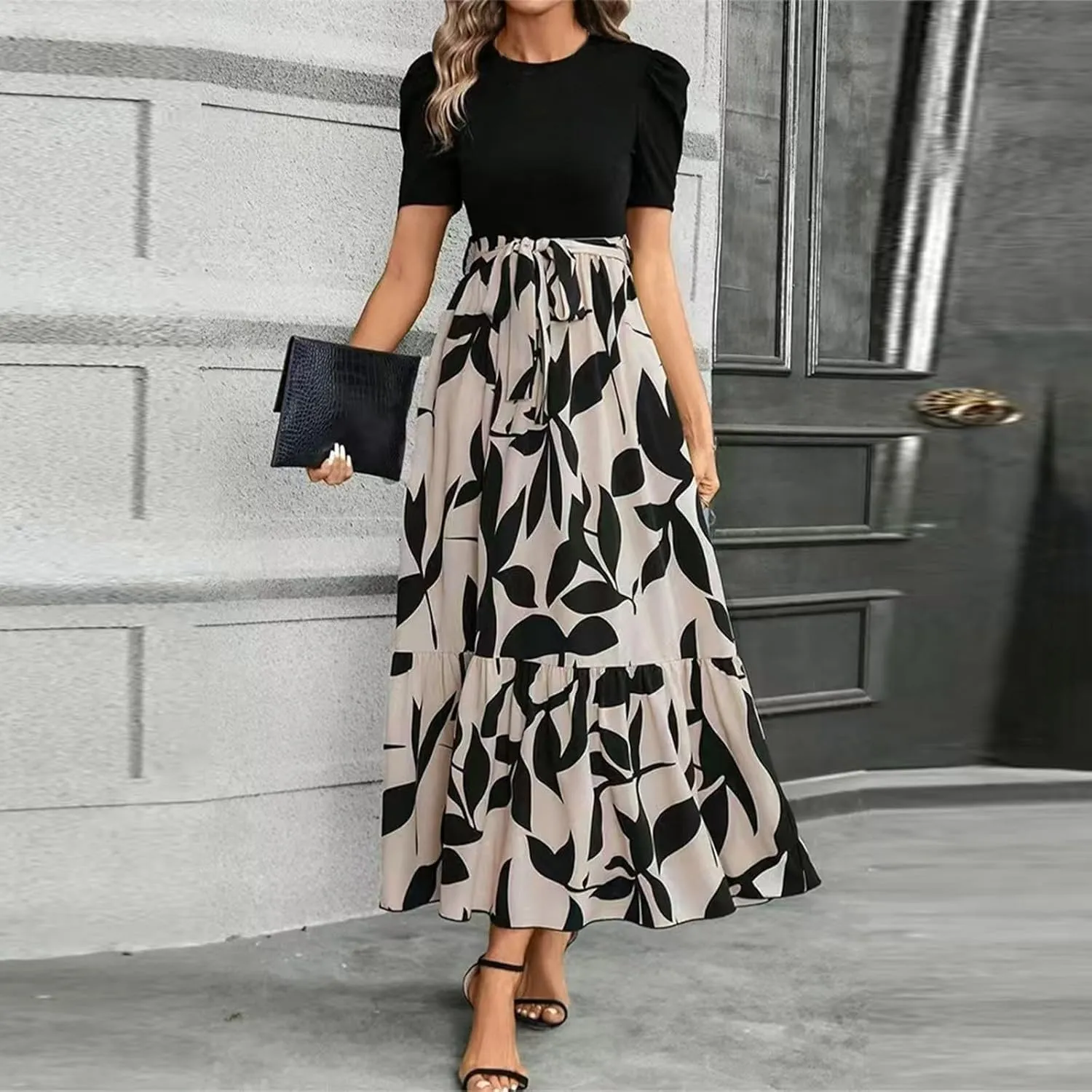 Maxi Dresses for Women 2025 Short Sleeve Tie Waist Boho Dress Floral Printed Tiered Flowy A Line Summer Sundress