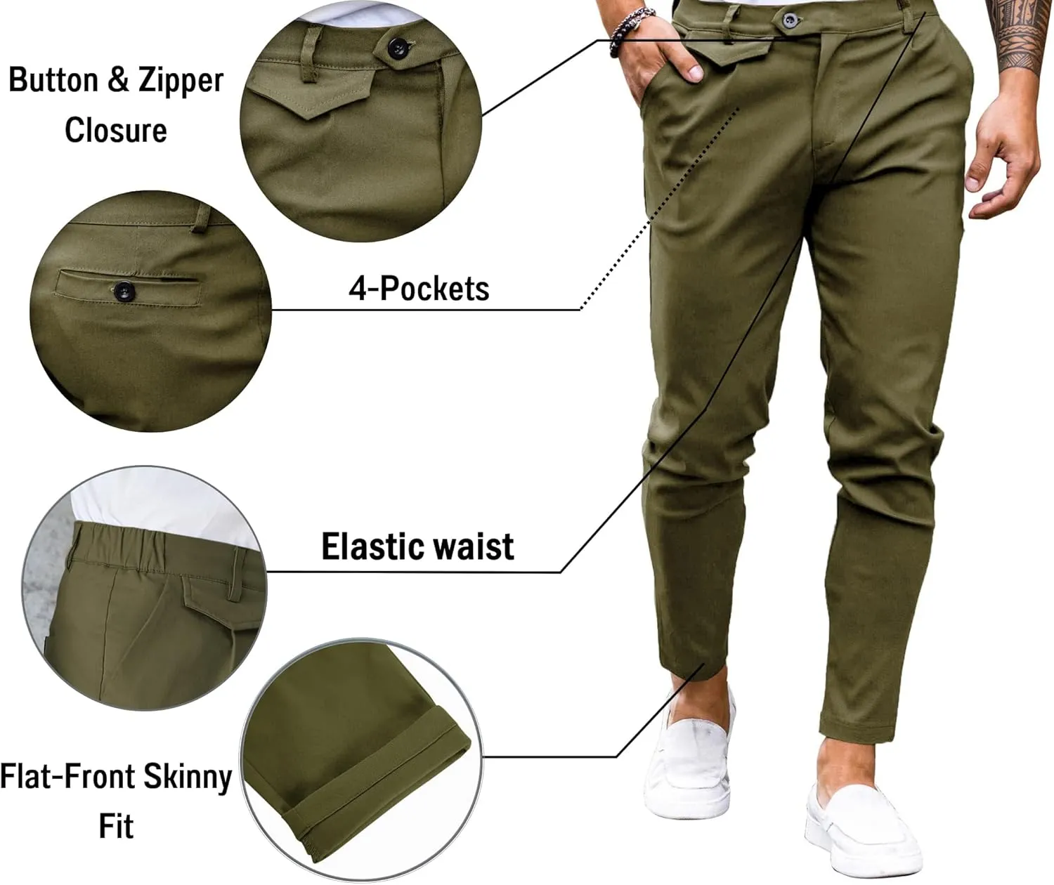 Mens Chinos Slim Fit Pants Flat Front Stretch Skinny Tapered Dress Pants Comfort Casual Solid Trousers