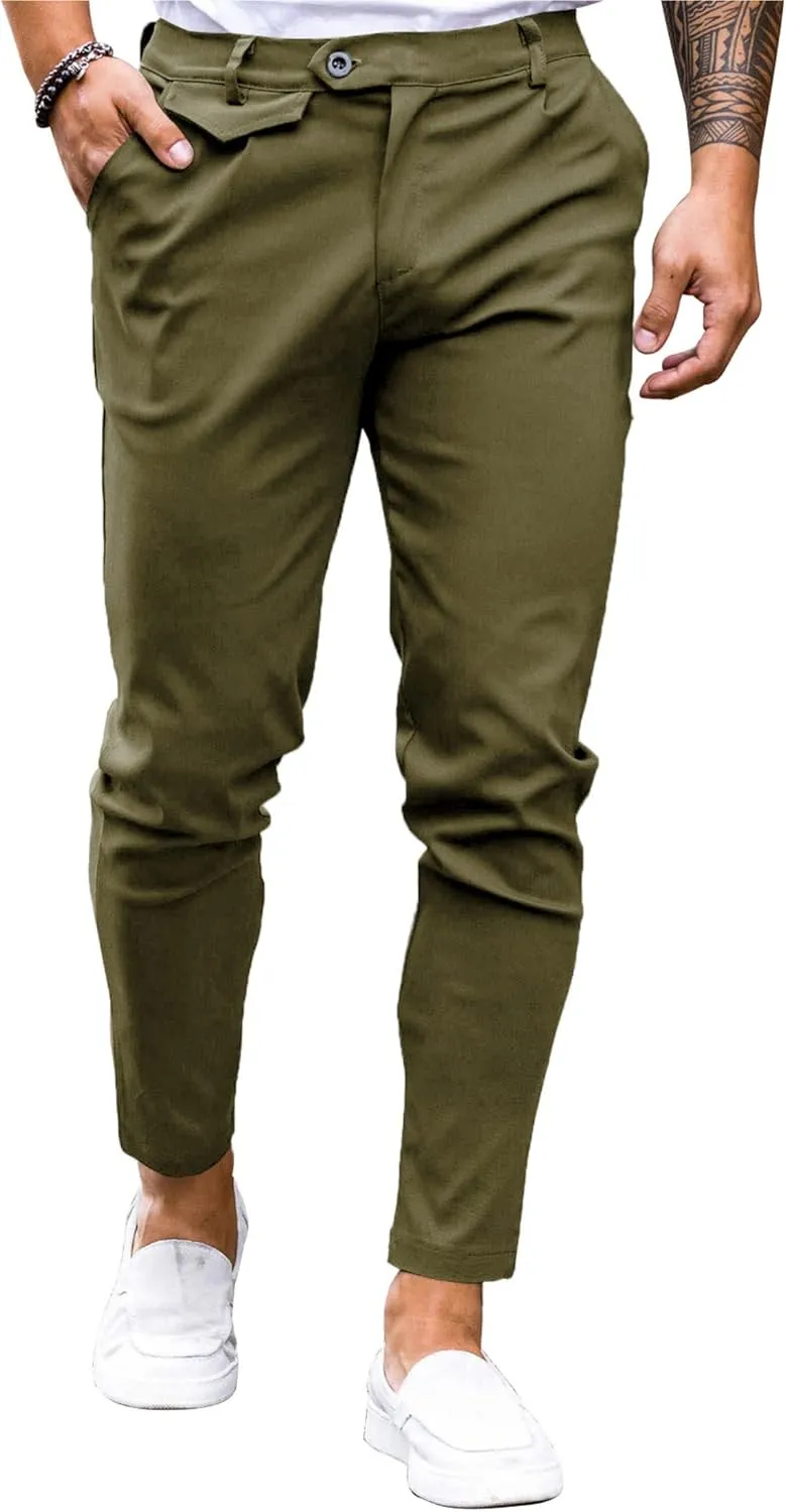 Mens Chinos Slim Fit Pants Flat Front Stretch Skinny Tapered Dress Pants Comfort Casual Solid Trousers
