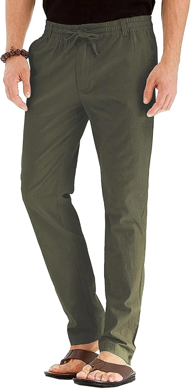 Men's Comfort Baggy Casual Pants Yoga Linen Straight Leg Hiking Pants Basic Solid Joggers Trousers