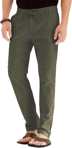 Men's Comfort Baggy Casual Pants Yoga Linen Straight Leg Hiking Pants Basic Solid Joggers Trousers