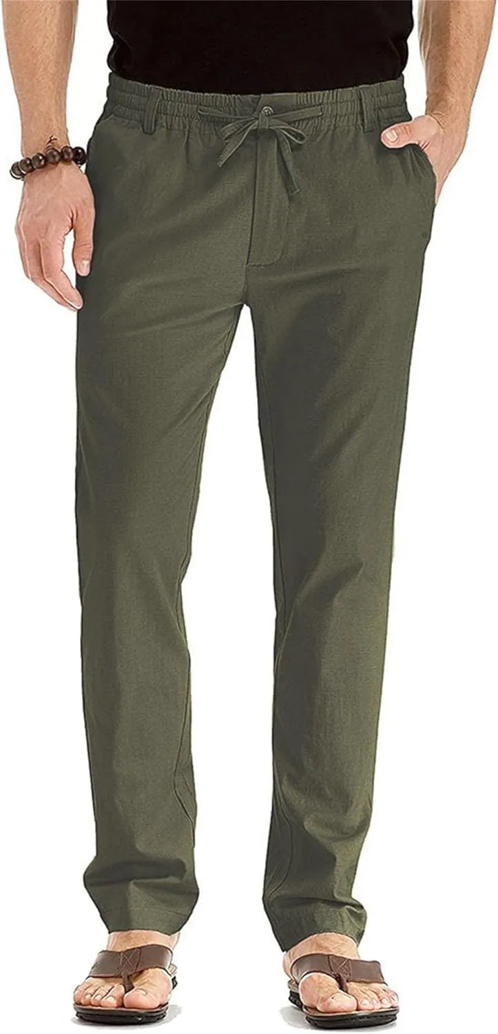 Men's Comfort Baggy Casual Pants Yoga Linen Straight Leg Hiking Pants Basic Solid Joggers Trousers