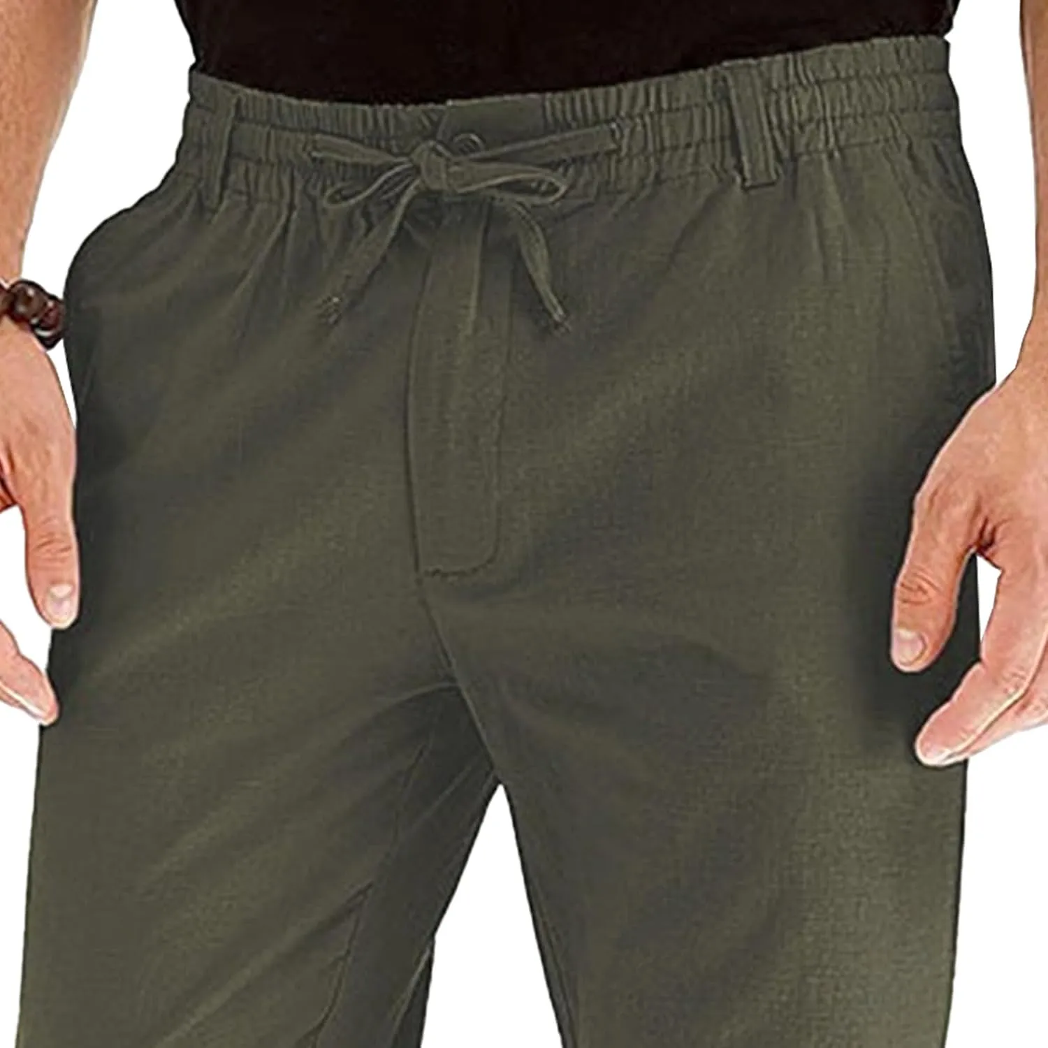 Men's Comfort Baggy Casual Pants Yoga Linen Straight Leg Hiking Pants Basic Solid Joggers Trousers