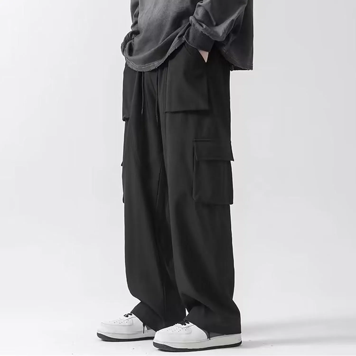 Men's Comfort Drawstring Elastic Waist Cargo Pants Regular Fit Solid Hiking Pants Joggers Wide Leg Trousers