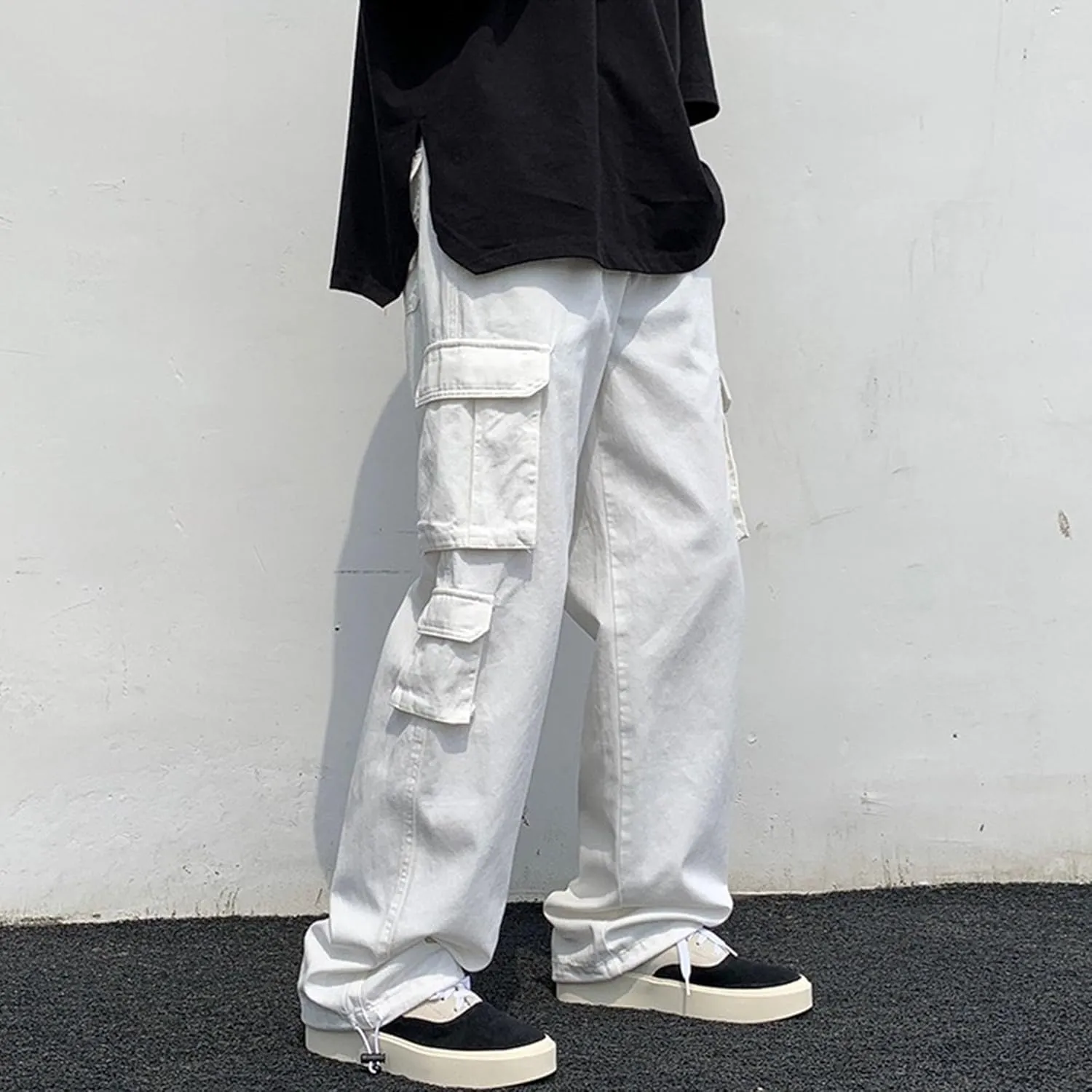 Men's Comfort Drawstring Elastic Waist Cargo Pants Regular Fit Solid Hiking Pants Joggers Wide Leg Trousers