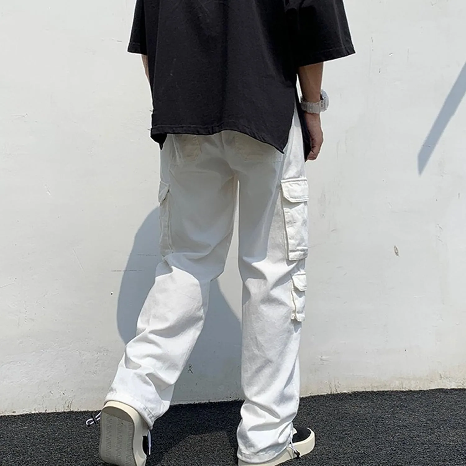 Men's Comfort Drawstring Elastic Waist Cargo Pants Regular Fit Solid Hiking Pants Joggers Wide Leg Trousers