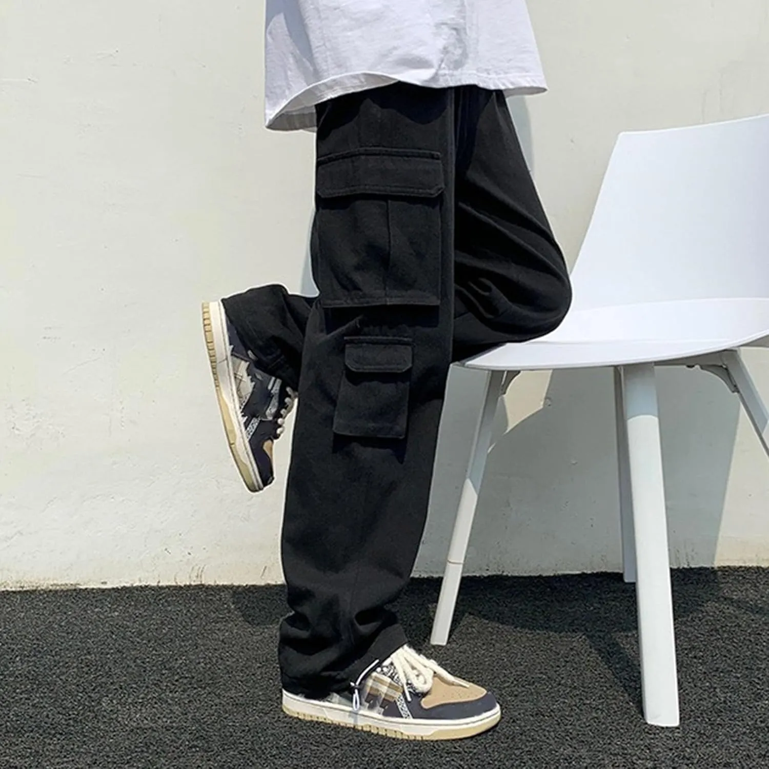 Men's Comfort Drawstring Elastic Waist Cargo Pants Regular Fit Solid Hiking Pants Joggers Wide Leg Trousers