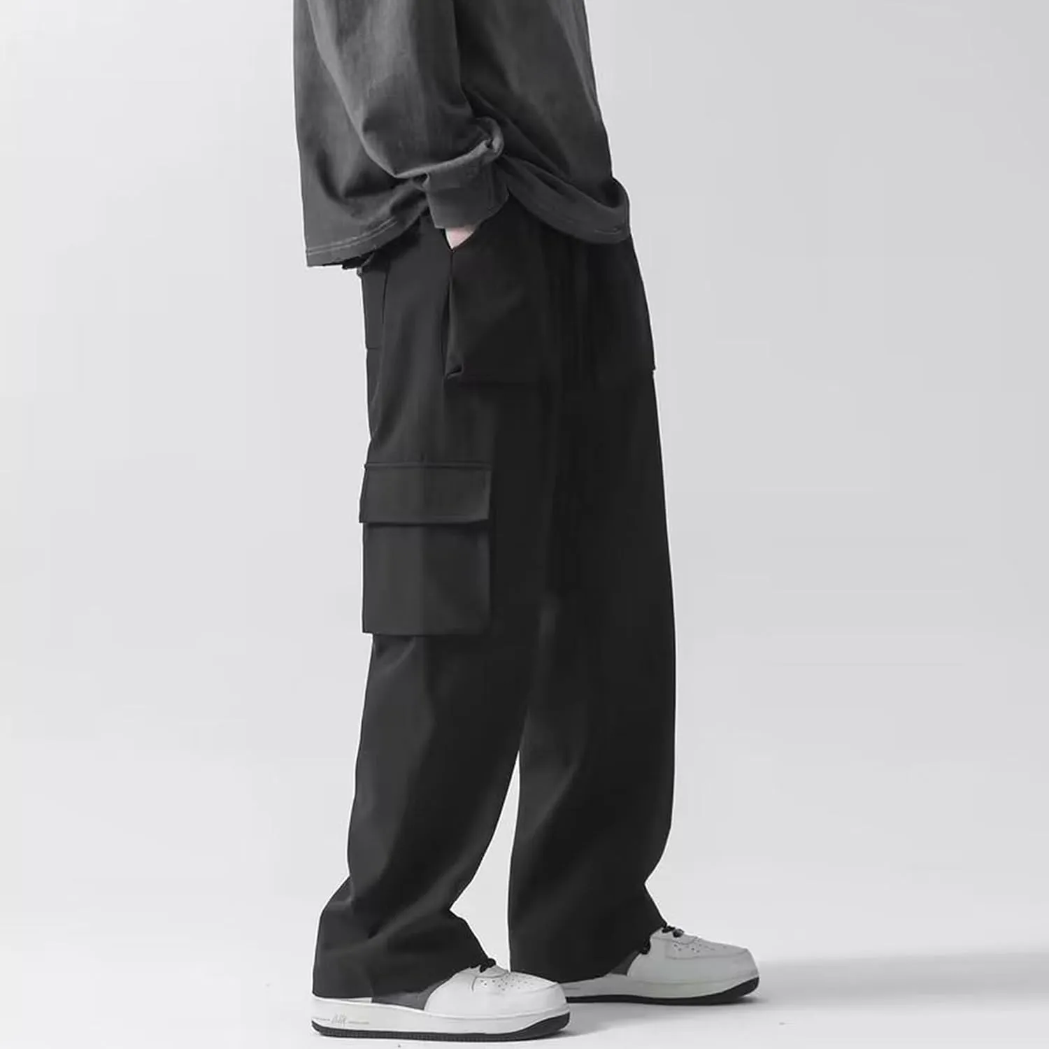 Men's Comfort Drawstring Elastic Waist Cargo Pants Regular Fit Solid Hiking Pants Joggers Wide Leg Trousers