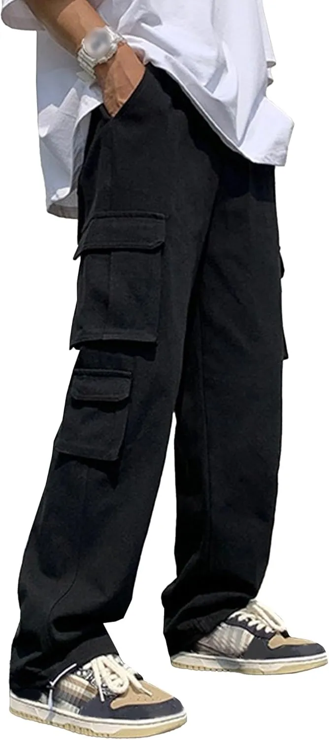 Men's Comfort Drawstring Elastic Waist Cargo Pants Regular Fit Solid Hiking Pants Joggers Wide Leg Trousers
