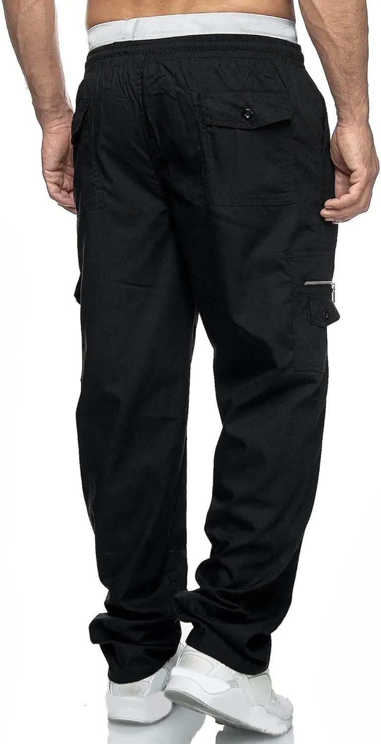 Men's Comfort Drawstring Elastic Waist Cargo Pants Regular Fit Solid Hiking Pants Joggers Wide Leg Trousers