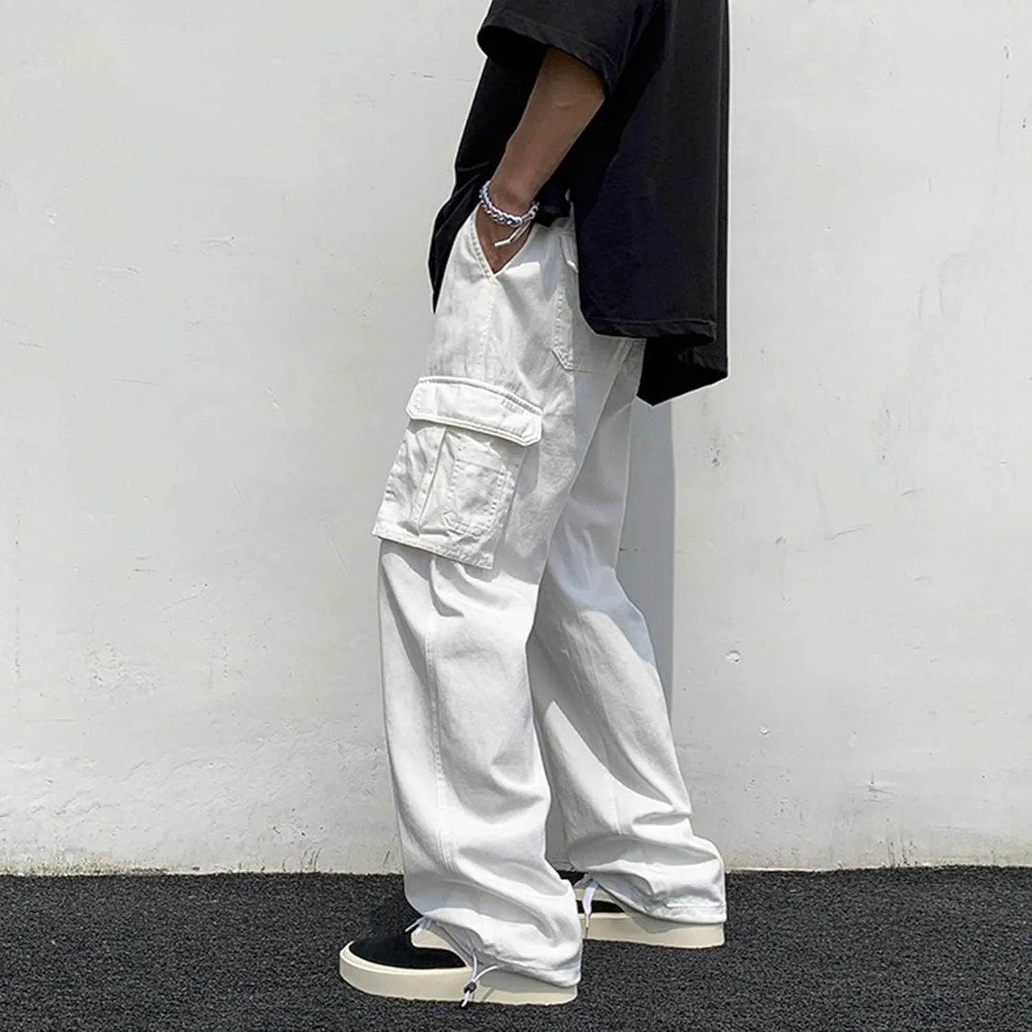 Men's Comfort Drawstring Elastic Waist Cargo Pants Regular Fit Solid Hiking Pants Joggers Wide Leg Trousers