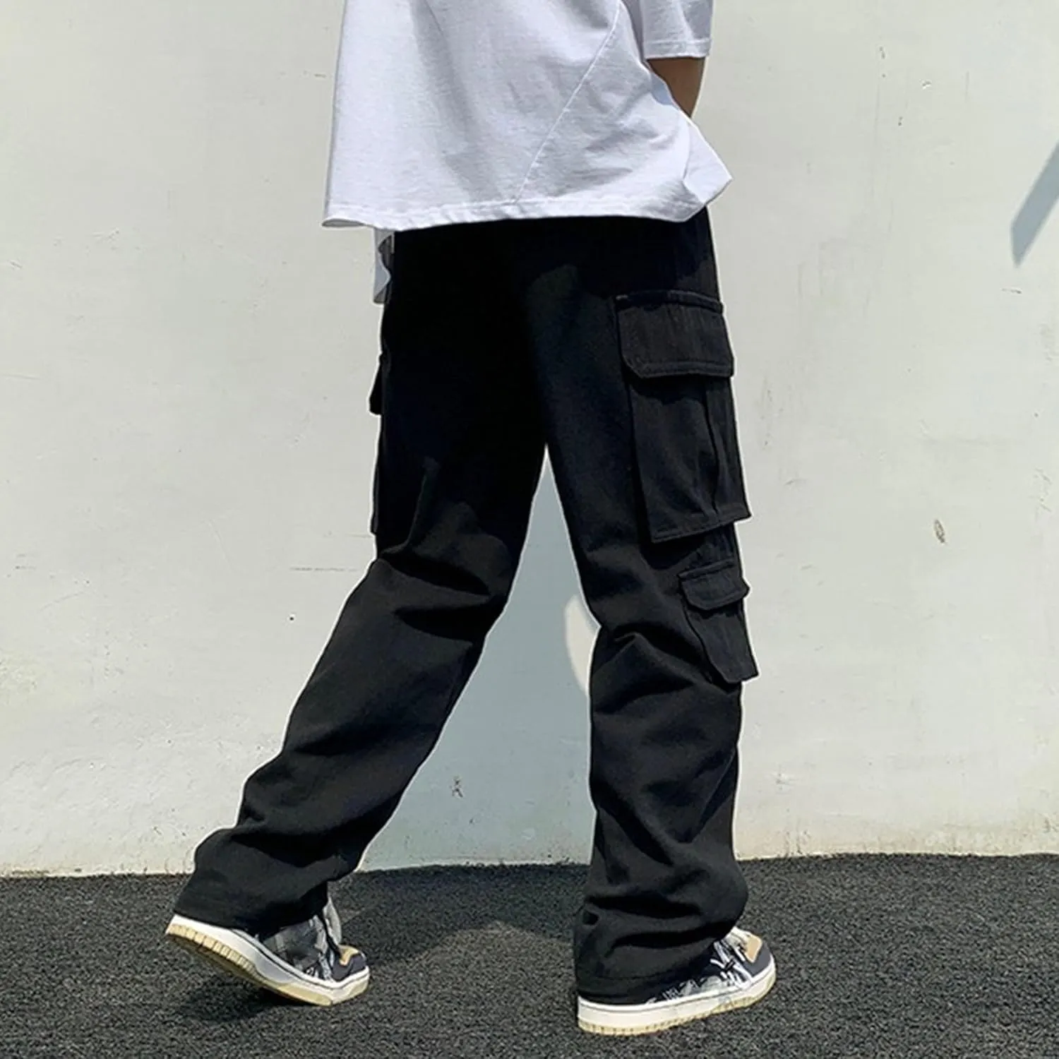 Men's Comfort Drawstring Elastic Waist Cargo Pants Regular Fit Solid Hiking Pants Joggers Wide Leg Trousers