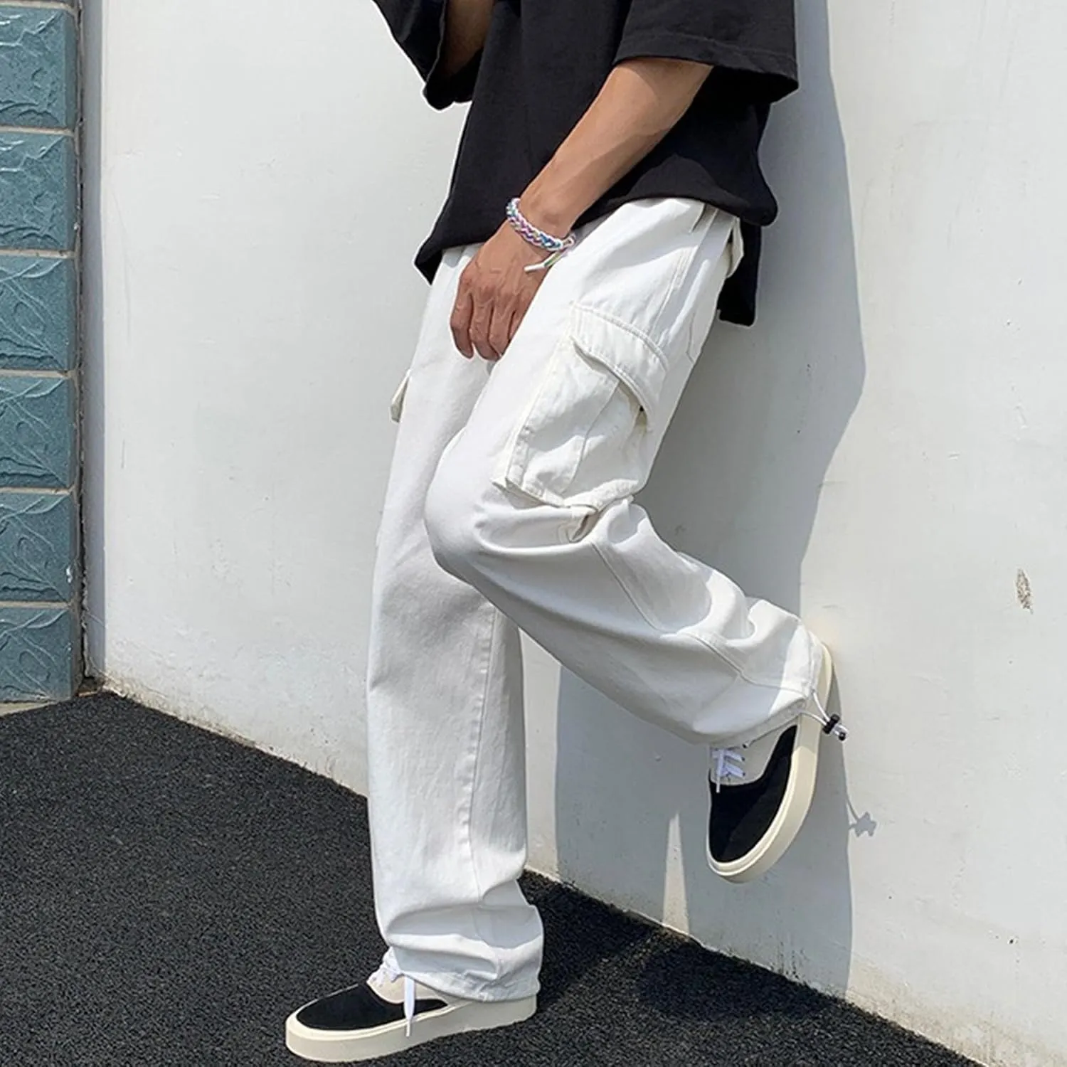 Men's Comfort Drawstring Elastic Waist Cargo Pants Regular Fit Solid Hiking Pants Joggers Wide Leg Trousers