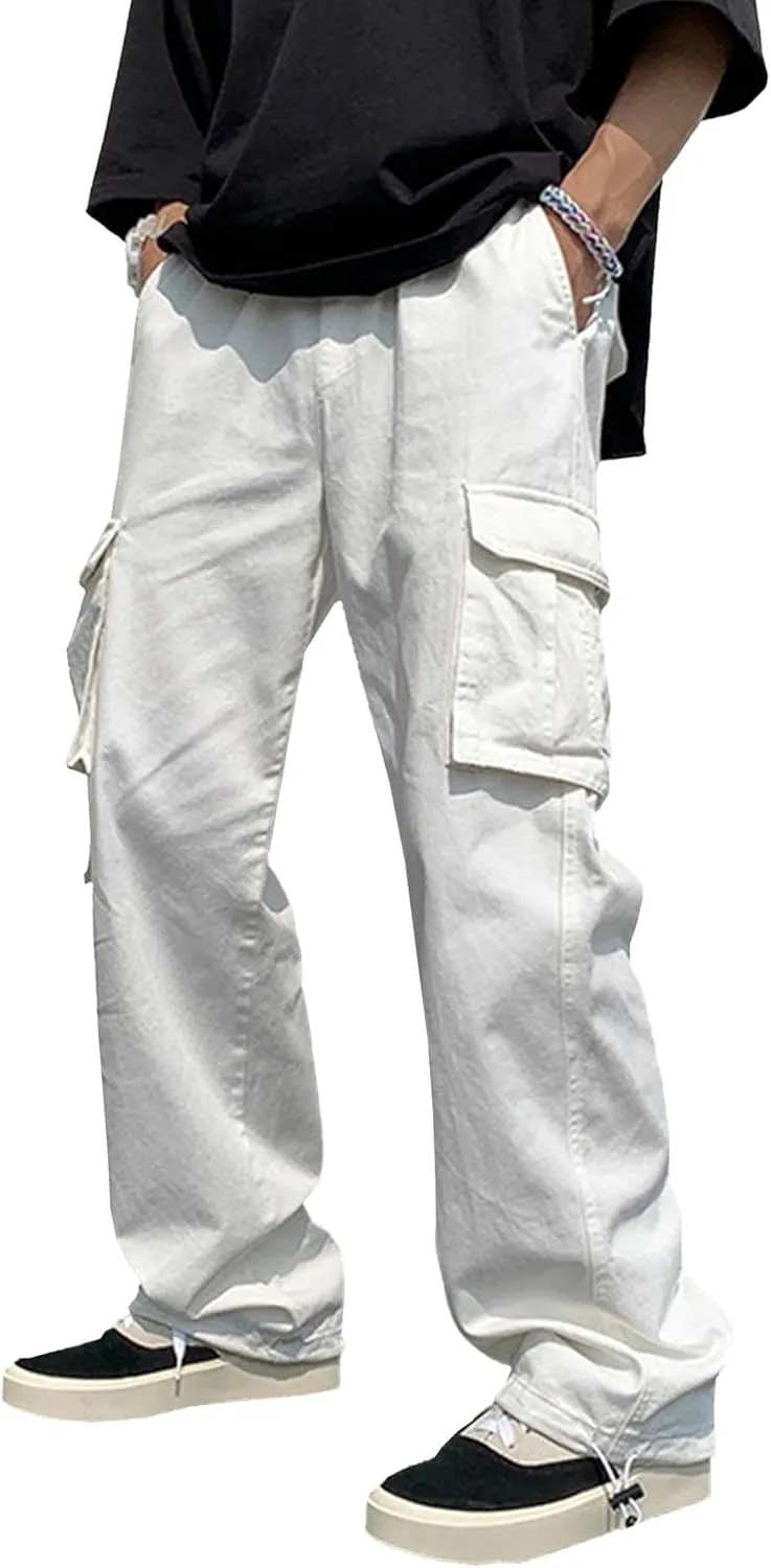 Men's Comfort Drawstring Elastic Waist Cargo Pants Regular Fit Solid Hiking Pants Joggers Wide Leg Trousers
