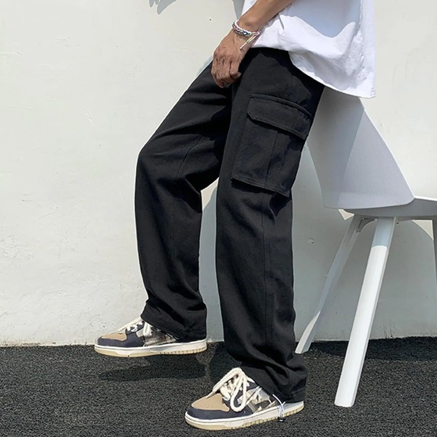 Men's Comfort Drawstring Elastic Waist Cargo Pants Regular Fit Solid Hiking Pants Joggers Wide Leg Trousers