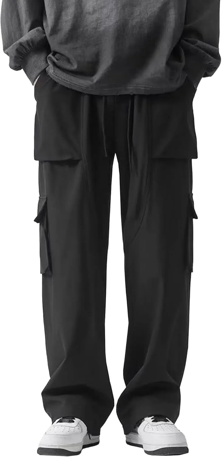 Men's Comfort Drawstring Elastic Waist Cargo Pants Regular Fit Solid Hiking Pants Joggers Wide Leg Trousers